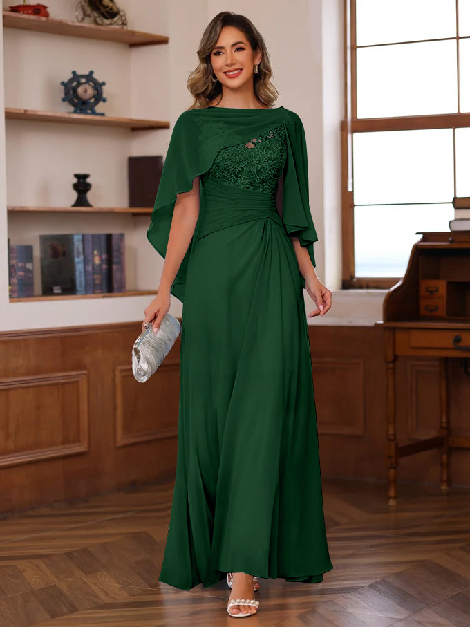 V Neck A Line Long Mother of the Bride Dress with Appliques Ruffles & Wrap in 2 Pics