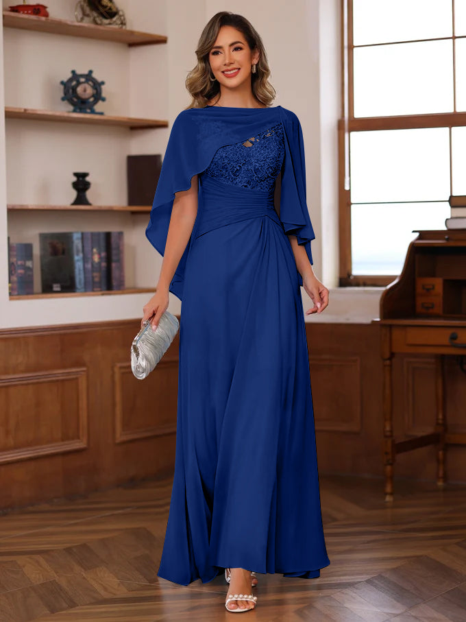 V Neck A Line Long Mother of the Bride Dress with Appliques Ruffles & Wrap in 2 Pics