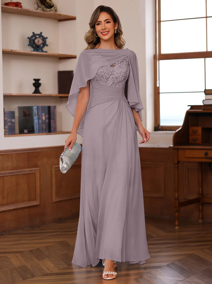 V Neck A Line Long Mother of the Bride Dress with Appliques Ruffles & Wrap in 2 Pics