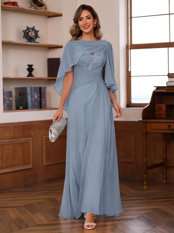 V Neck A Line Long Mother of the Bride Dress with Appliques Ruffles & Wrap in 2 Pics