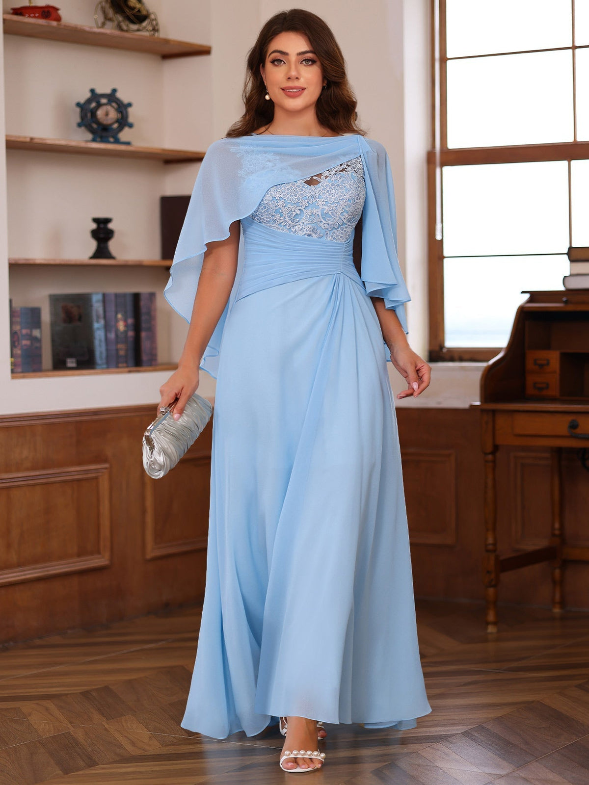 V Neck A Line Long Mother of the Bride Dress with Appliques Ruffles & Wrap in 2 Pics