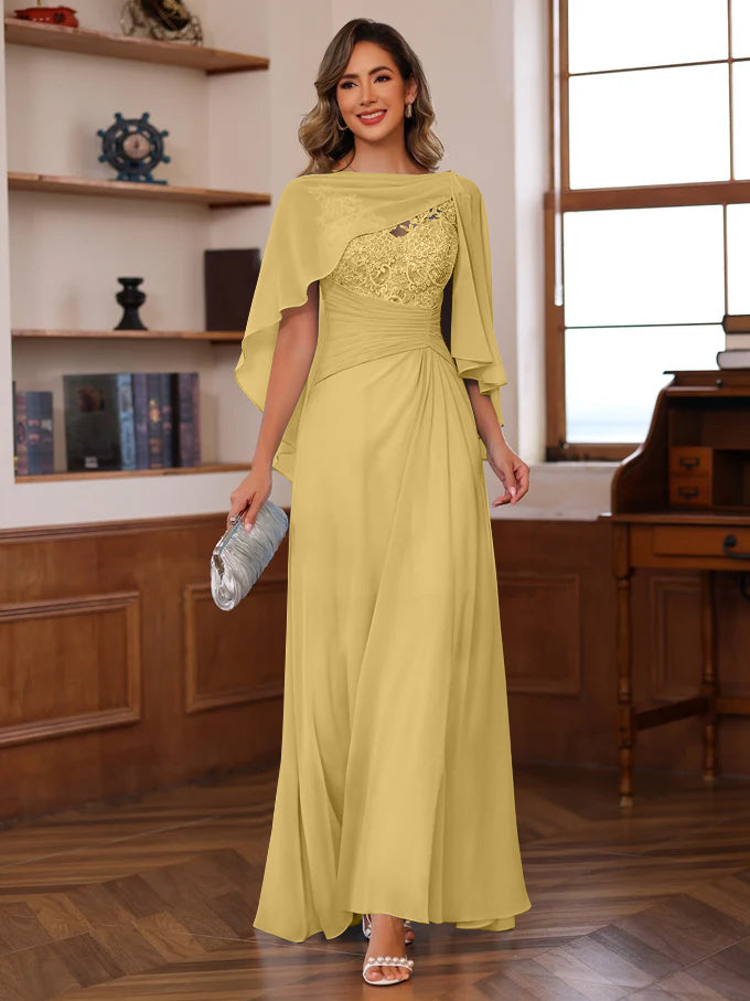 V Neck A Line Long Mother of the Bride Dress with Appliques Ruffles & Wrap in 2 Pics