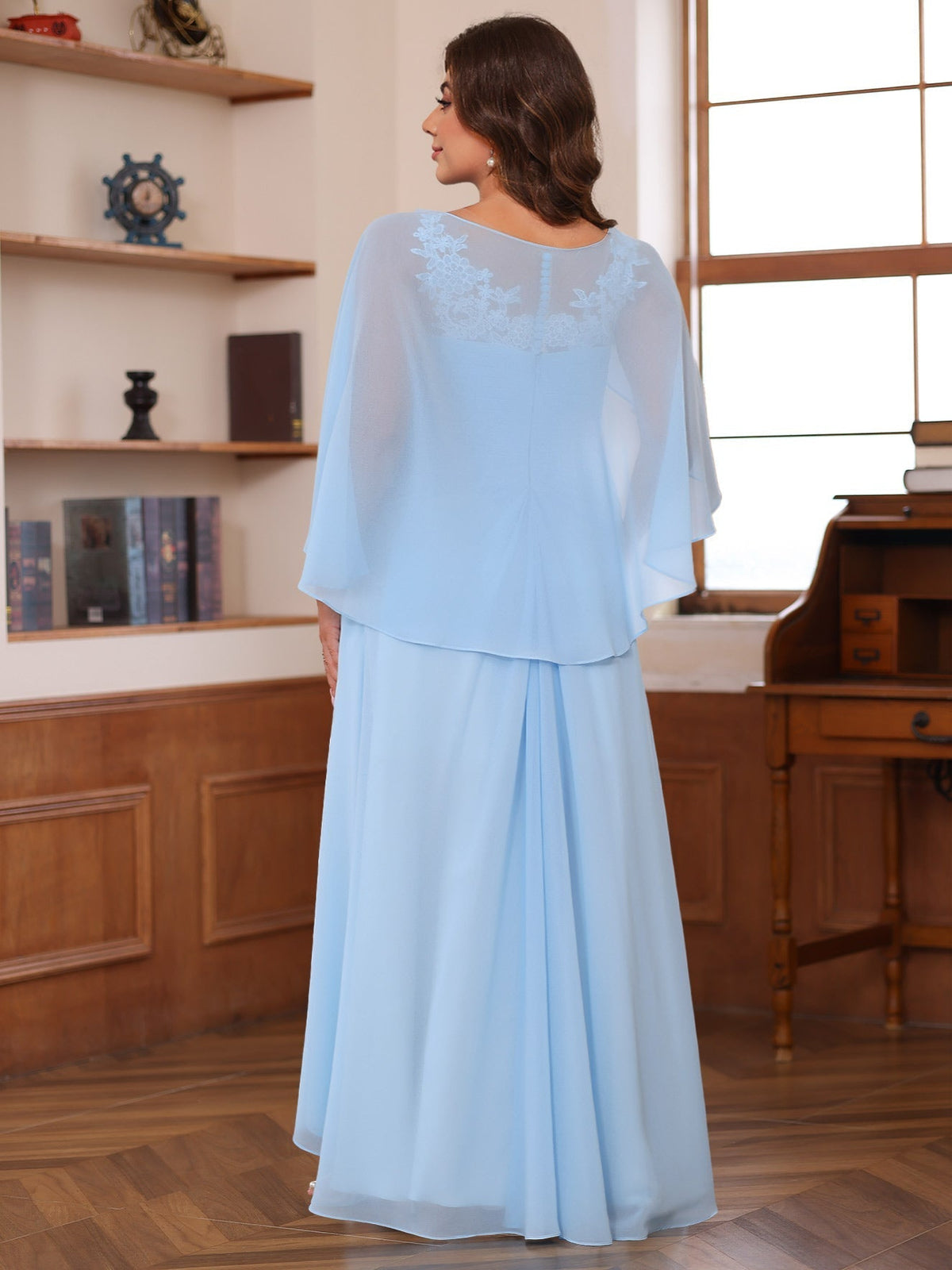 V Neck A Line Long Mother of the Bride Dress with Appliques Ruffles & Wrap in 2 Pics