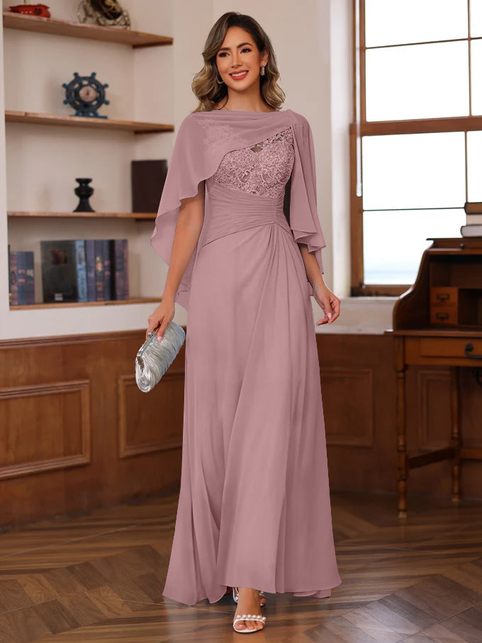 V Neck A Line Long Mother of the Bride Dress with Appliques Ruffles & Wrap in 2 Pics