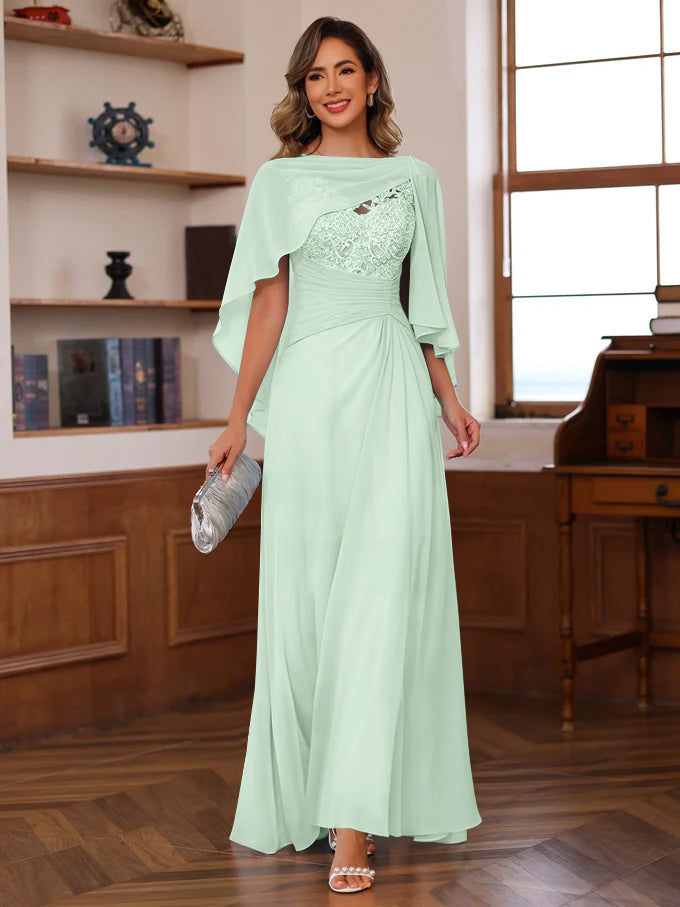 V Neck A Line Long Mother of the Bride Dress with Appliques Ruffles & Wrap in 2 Pics