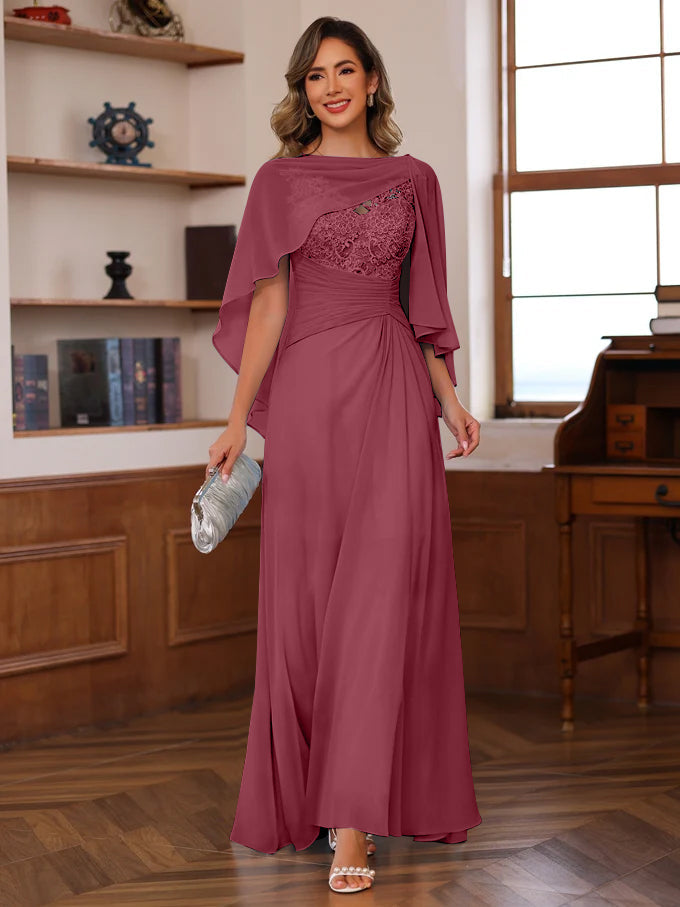 V Neck A Line Long Mother of the Bride Dress with Appliques Ruffles & Wrap in 2 Pics