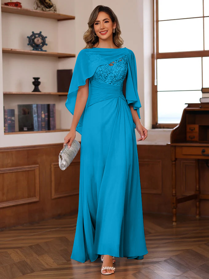 V Neck A Line Long Mother of the Bride Dress with Appliques Ruffles & Wrap in 2 Pics