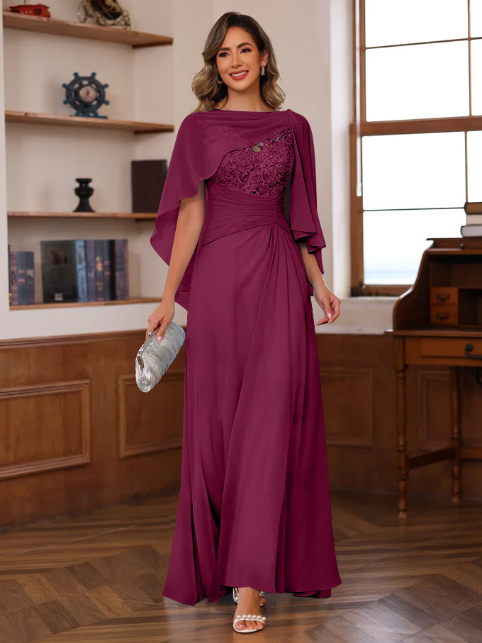 V Neck A Line Long Mother of the Bride Dress with Appliques Ruffles & Wrap in 2 Pics