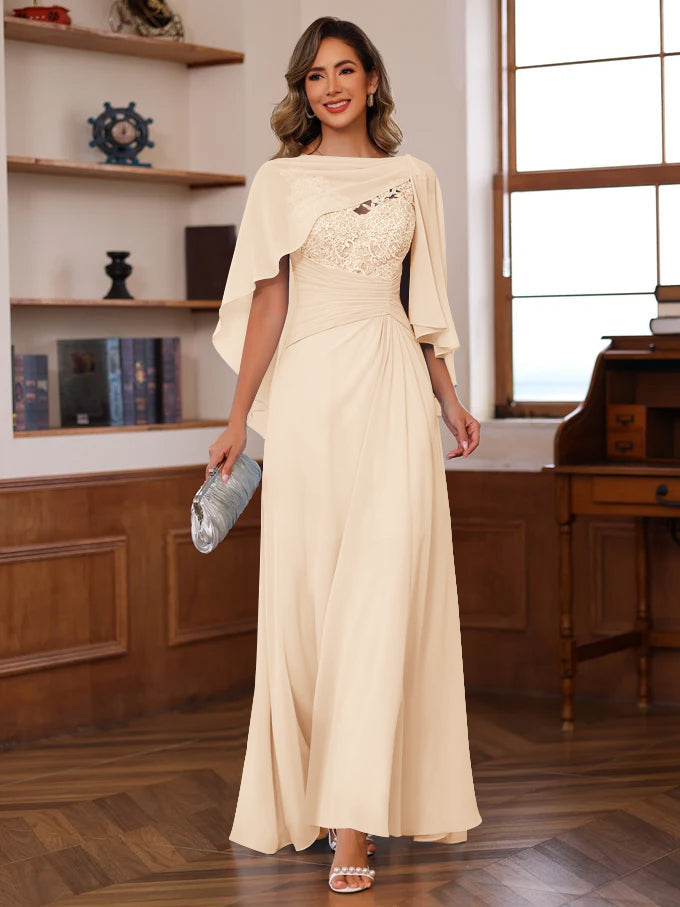 V Neck A Line Long Mother of the Bride Dress with Appliques Ruffles & Wrap in 2 Pics