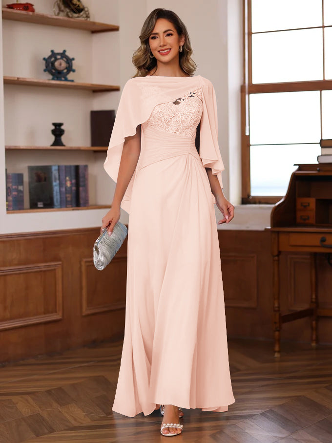 V Neck A Line Long Mother of the Bride Dress with Appliques Ruffles & Wrap in 2 Pics