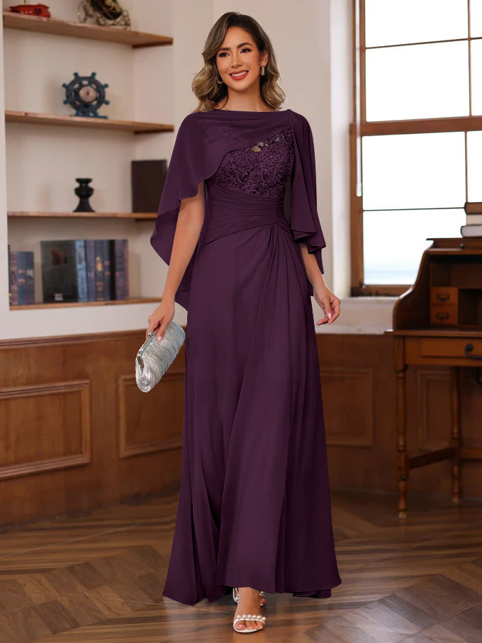 V Neck A Line Long Mother of the Bride Dress with Appliques Ruffles & Wrap in 2 Pics