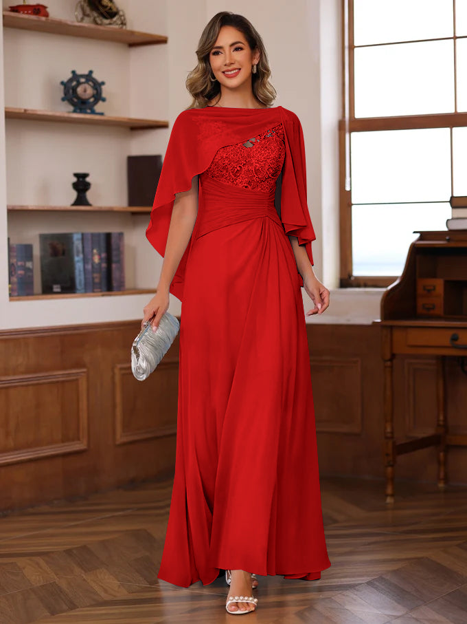 V Neck A Line Long Mother of the Bride Dress with Appliques Ruffles & Wrap in 2 Pics