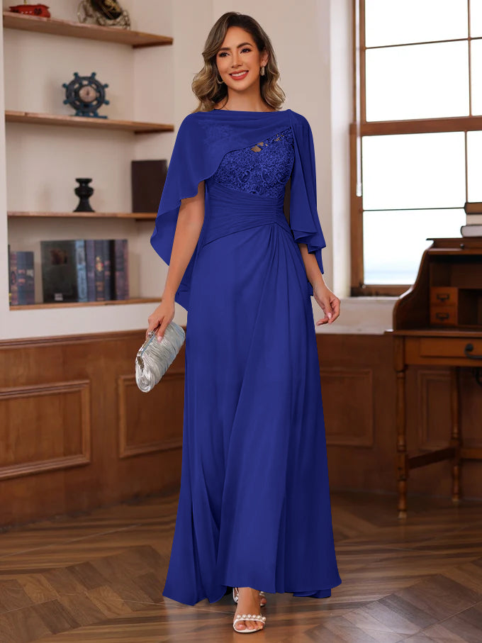 V Neck A Line Long Mother of the Bride Dress with Appliques Ruffles & Wrap in 2 Pics