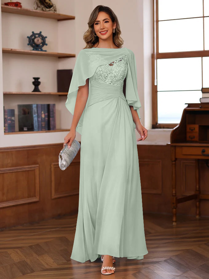 V Neck A Line Long Mother of the Bride Dress with Appliques Ruffles & Wrap in 2 Pics