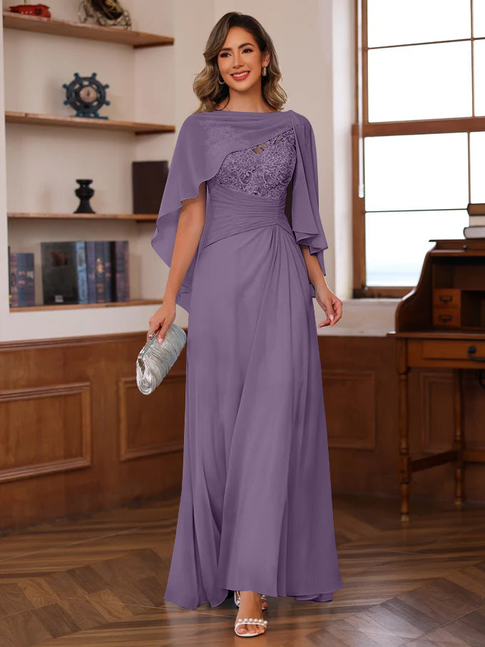 V Neck A Line Long Mother of the Bride Dress with Appliques Ruffles & Wrap in 2 Pics