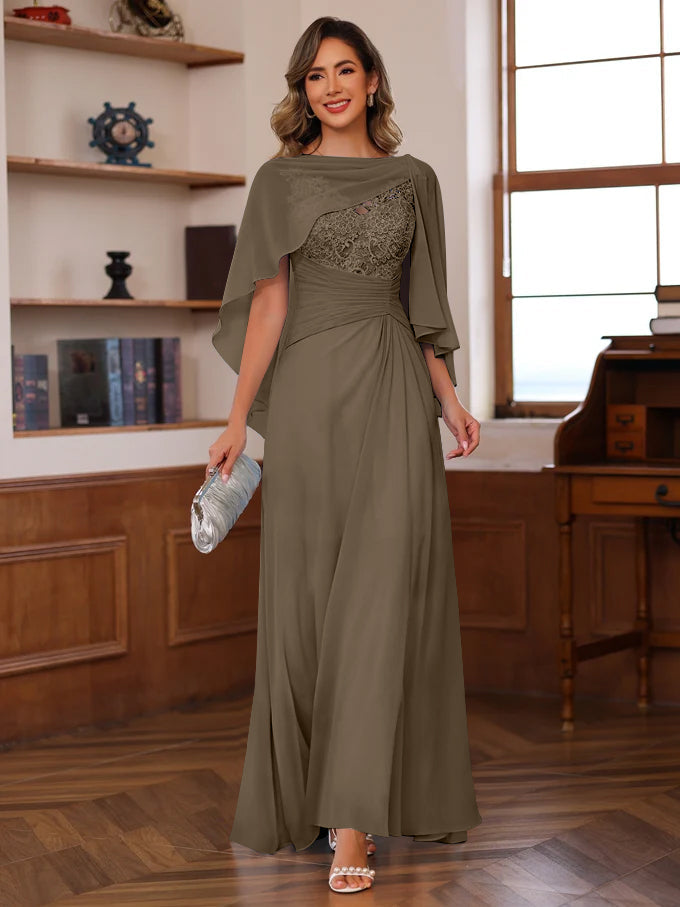 V Neck A Line Long Mother of the Bride Dress with Appliques Ruffles & Wrap in 2 Pics