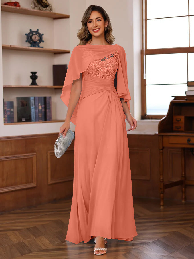 V Neck A Line Long Mother of the Bride Dress with Appliques Ruffles & Wrap in 2 Pics