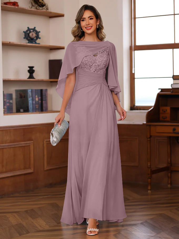 V Neck A Line Long Mother of the Bride Dress with Appliques Ruffles & Wrap in 2 Pics