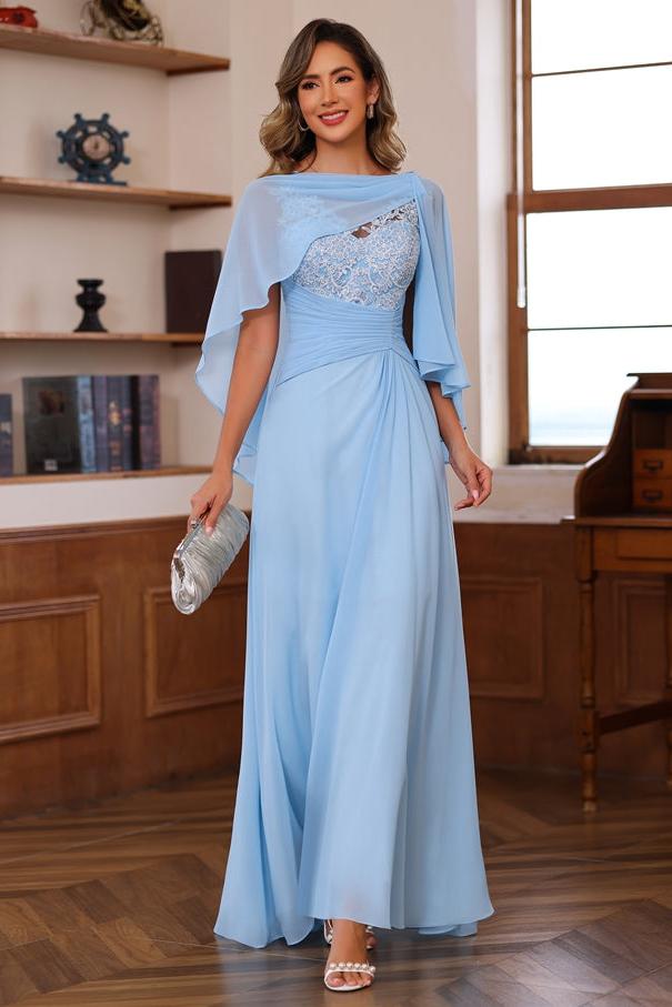 V Neck A Line Long Mother of the Bride Dress with Appliques Ruffles & Wrap in 2 Pics