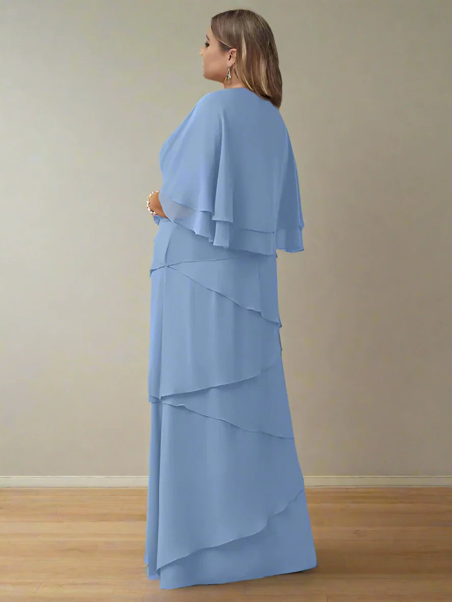 V Neck A Line Long Mother of the Bride Dress with Half Sleeves and Ruffles in Regular & Plus Sizes