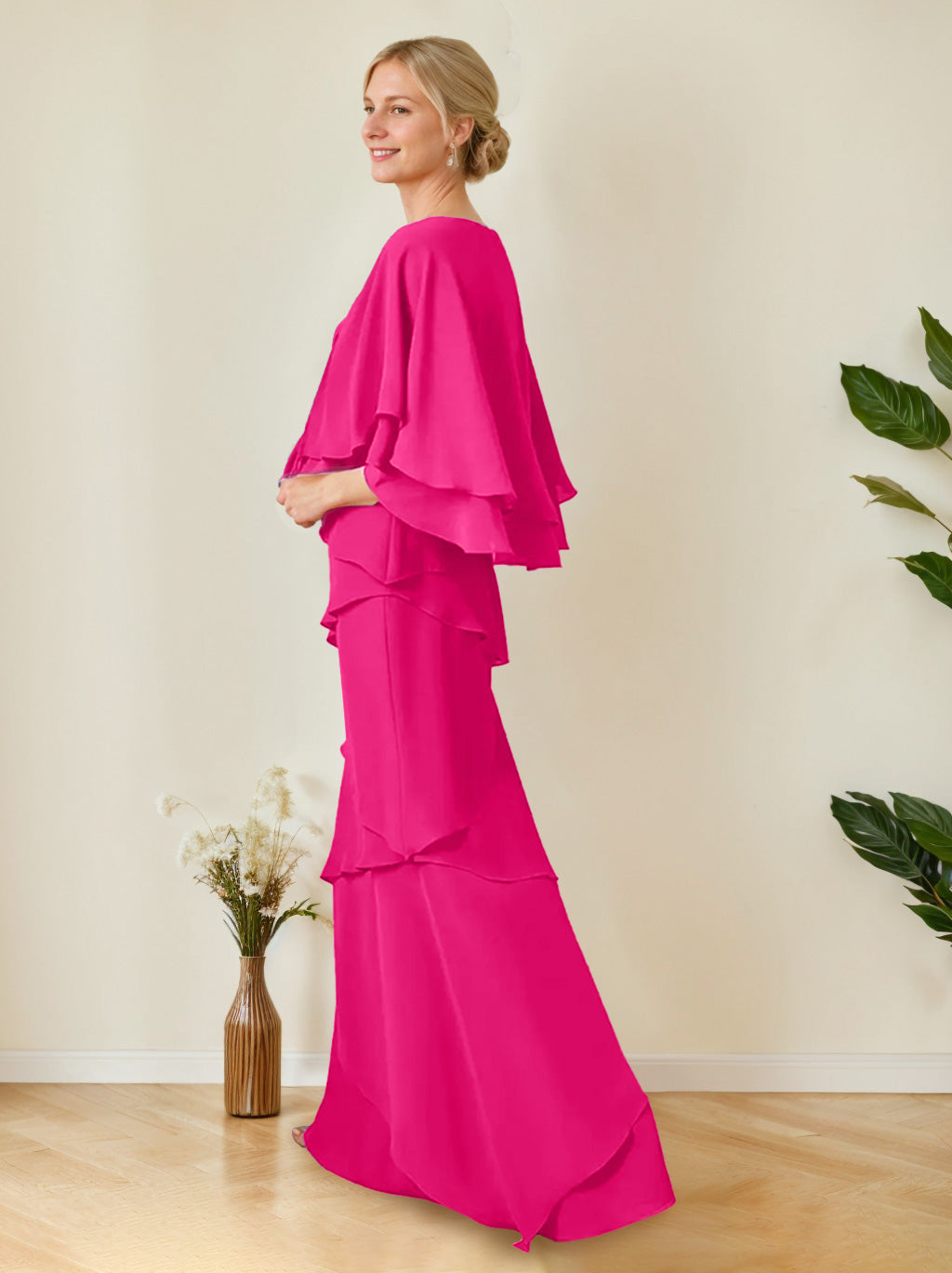 V Neck A Line Long Mother of the Bride Dress with Half Sleeves and Ruffles in Regular & Plus Sizes