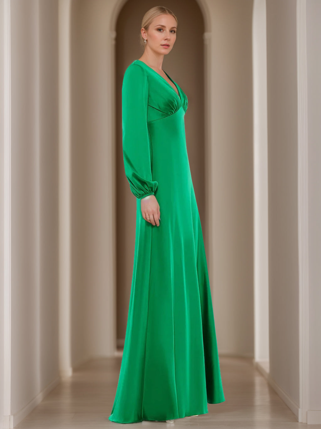 V Neck A Line Long Mother of the Bride Dress with Long Sleeves and Ruffles