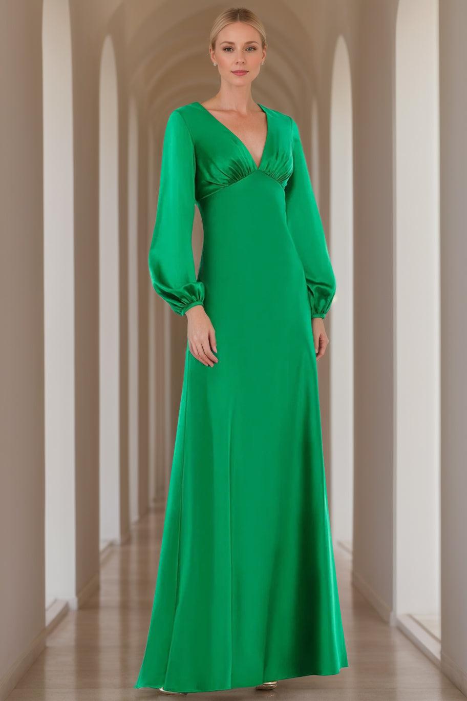 V Neck A Line Long Mother of the Bride Dress with Long Sleeves and Ruffles