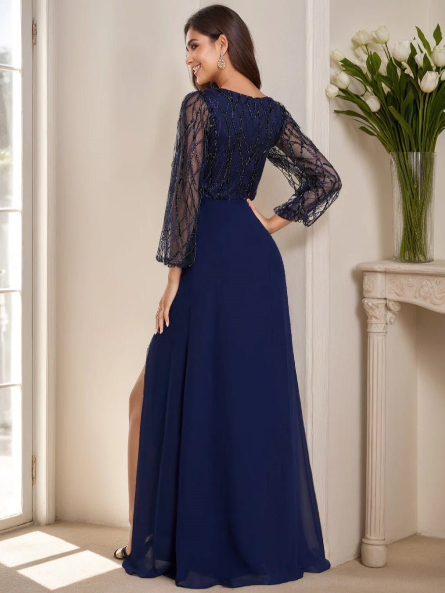 V Neck A Line Long Mother of the Bride Dress with Long Sleeves and Split