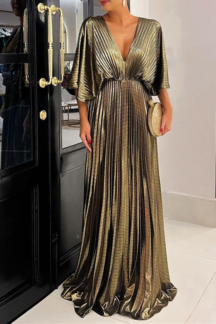V Neck A Line Long Mother of the Bride Dress with Ruched Detail and Half Sleeves