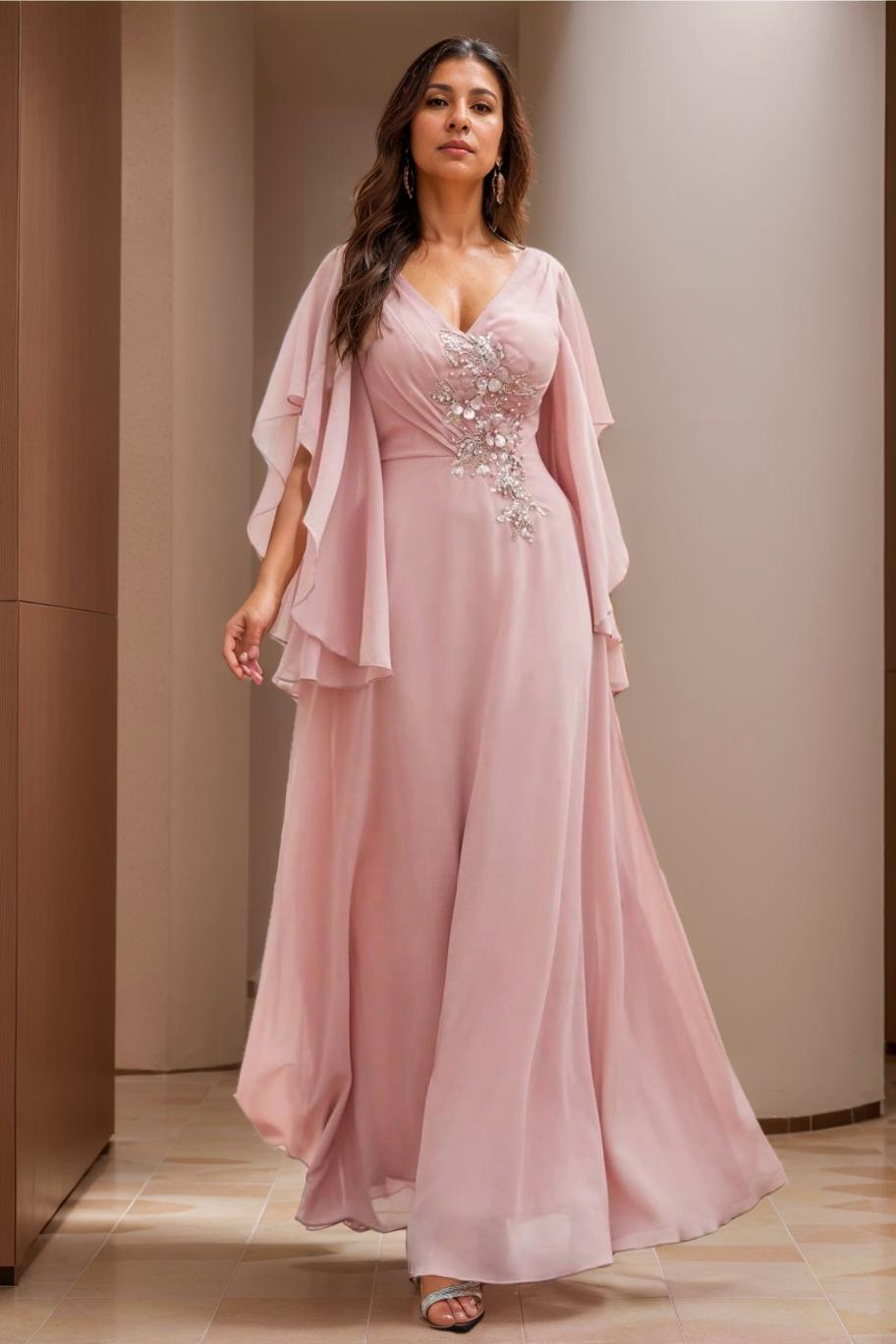 V Neck A Line Long Mother of the Bride Dress with Short Sleeves and Appliques Lace