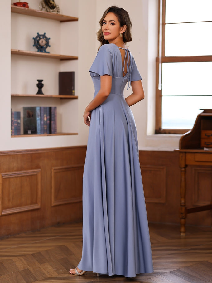 V Neck A Line Long Mother of the Bride Dress with Short Sleeves and Ruffles
