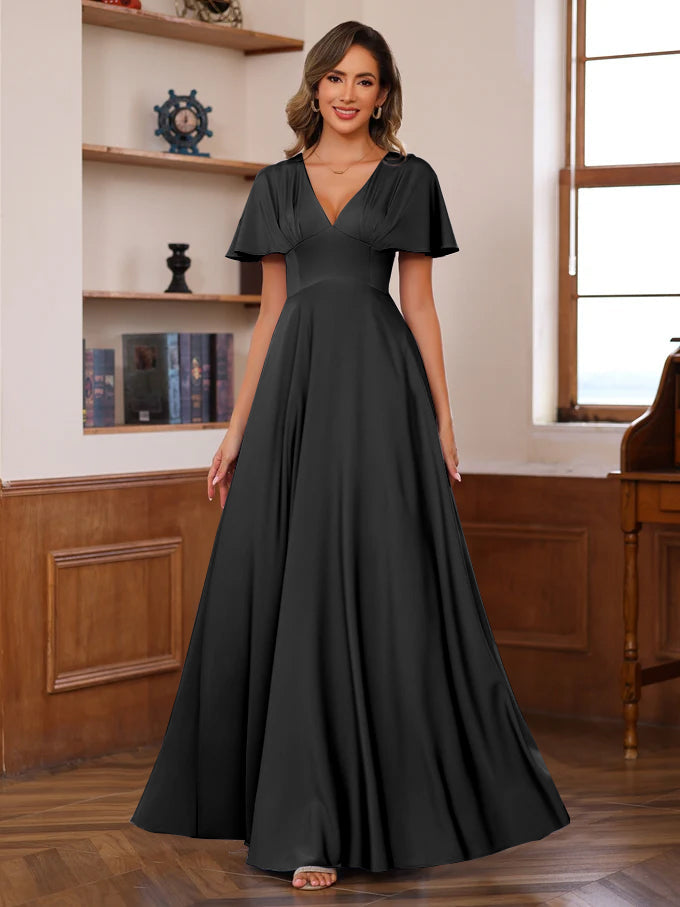 V Neck A Line Long Mother of the Bride Dress with Short Sleeves and Ruffles