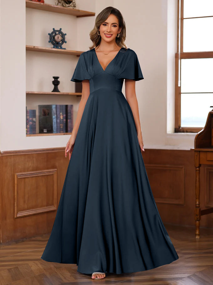 V Neck A Line Long Mother of the Bride Dress with Short Sleeves and Ruffles