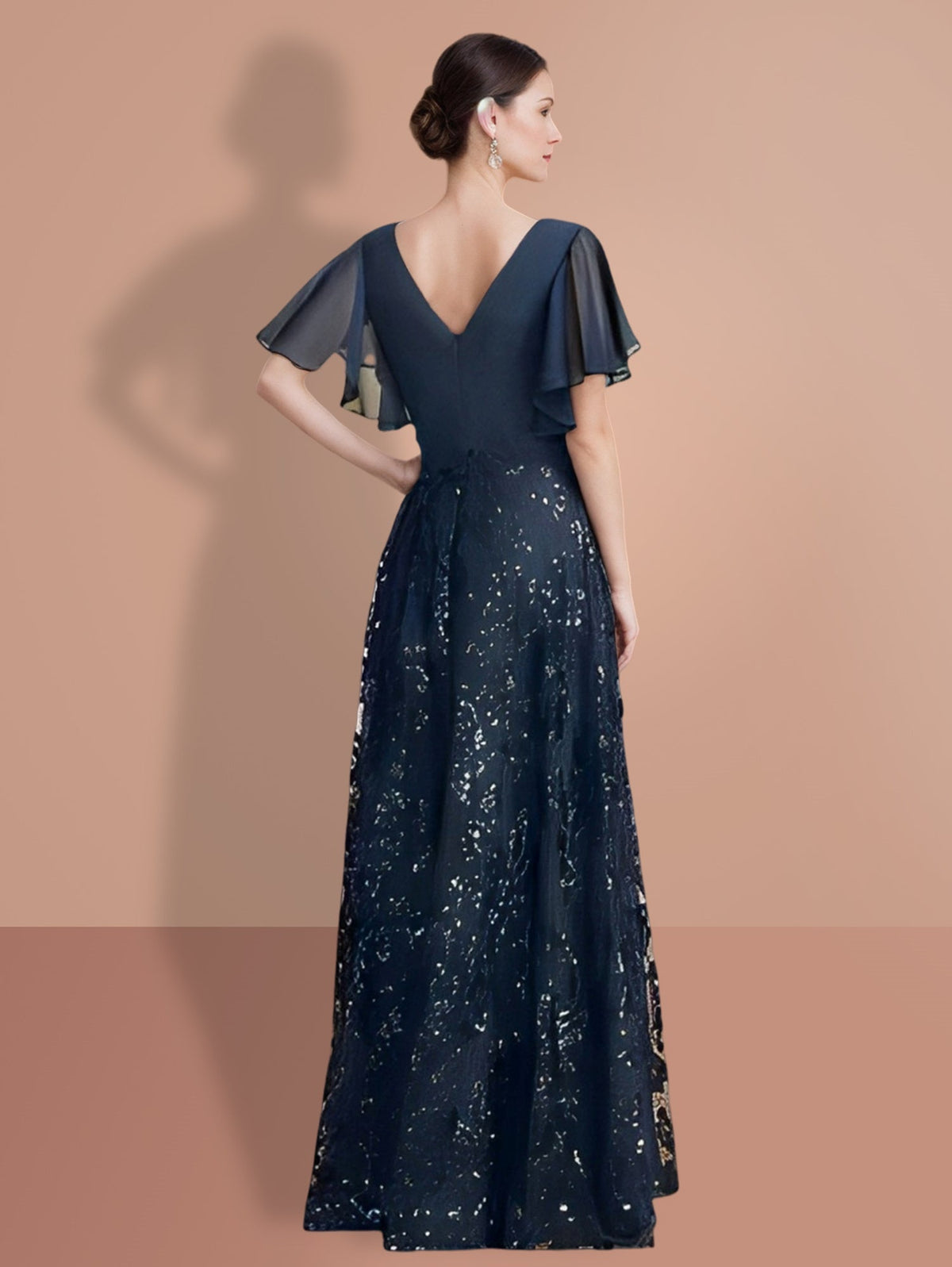 V Neck A Line Long Mother of the Bride Dress with Short Sleeves and Sequins