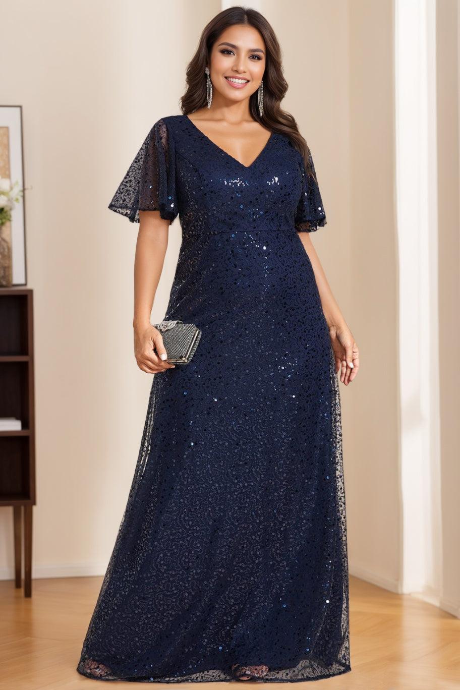 V Neck A Line Long Sequined Dress for Mothers of the Bride and Groom
