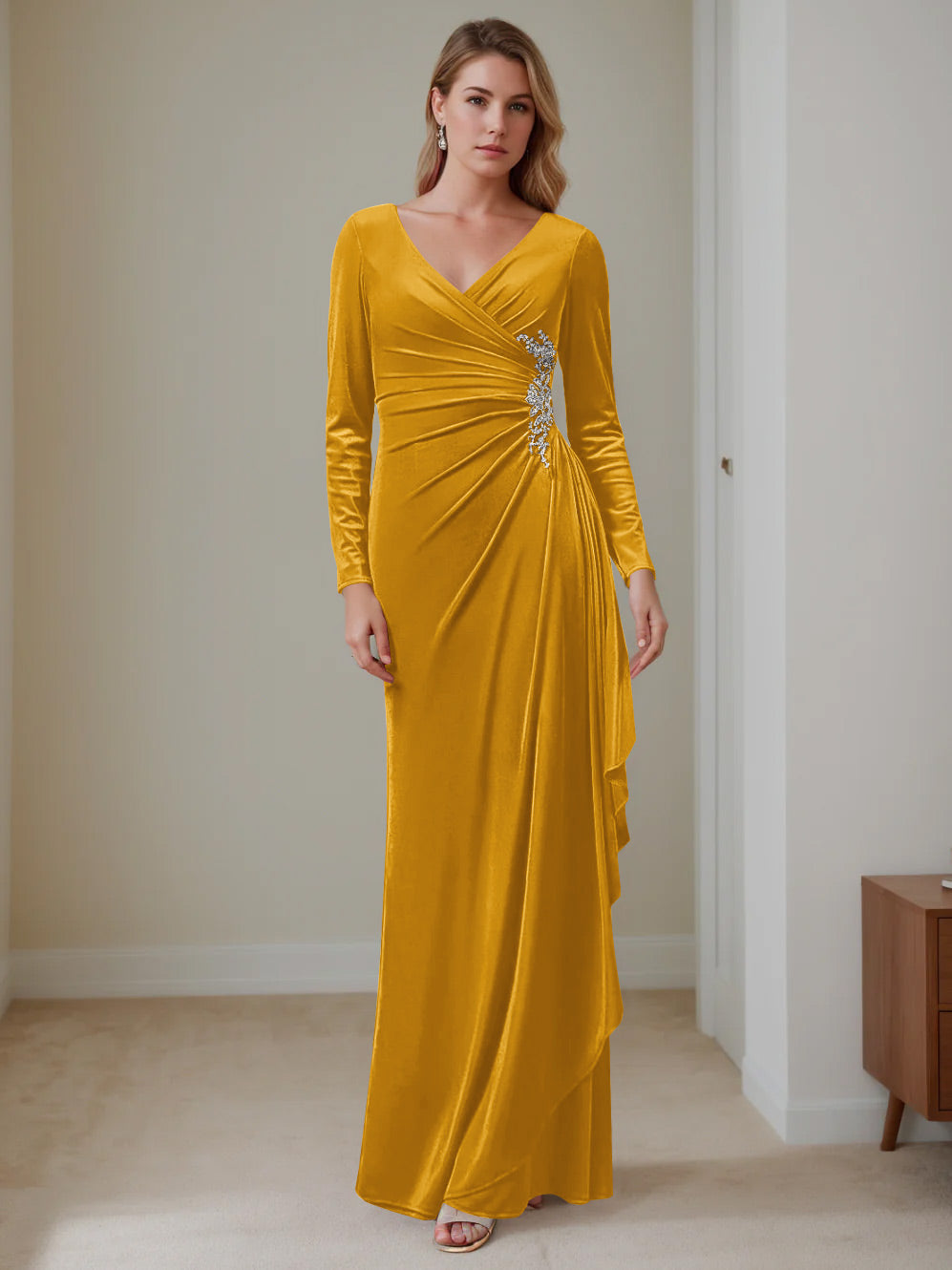 V Neck A Line Long Velvet Mother of the Bride Dress with Ruffled Long Sleeves