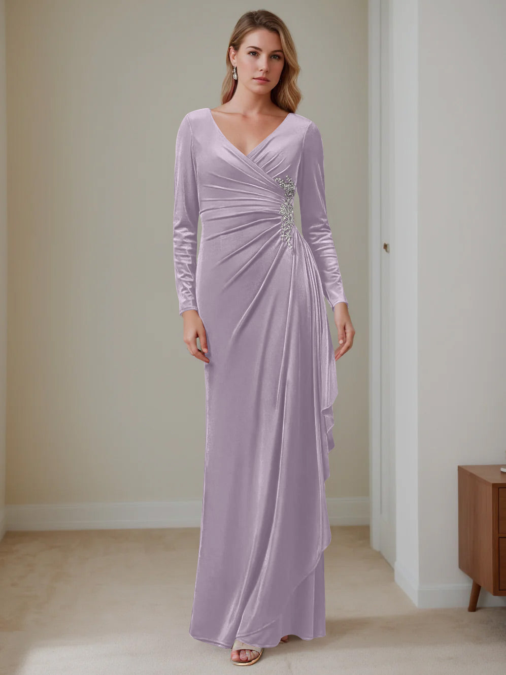 V Neck A Line Long Velvet Mother of the Bride Dress with Ruffled Long Sleeves