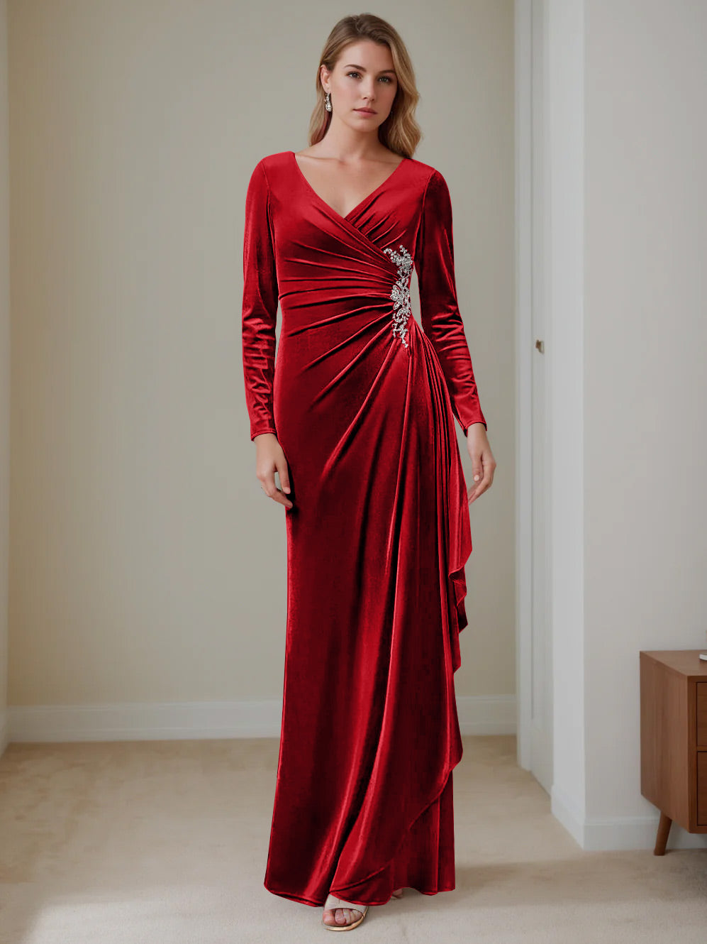 V Neck A Line Long Velvet Mother of the Bride Dress with Ruffled Long Sleeves