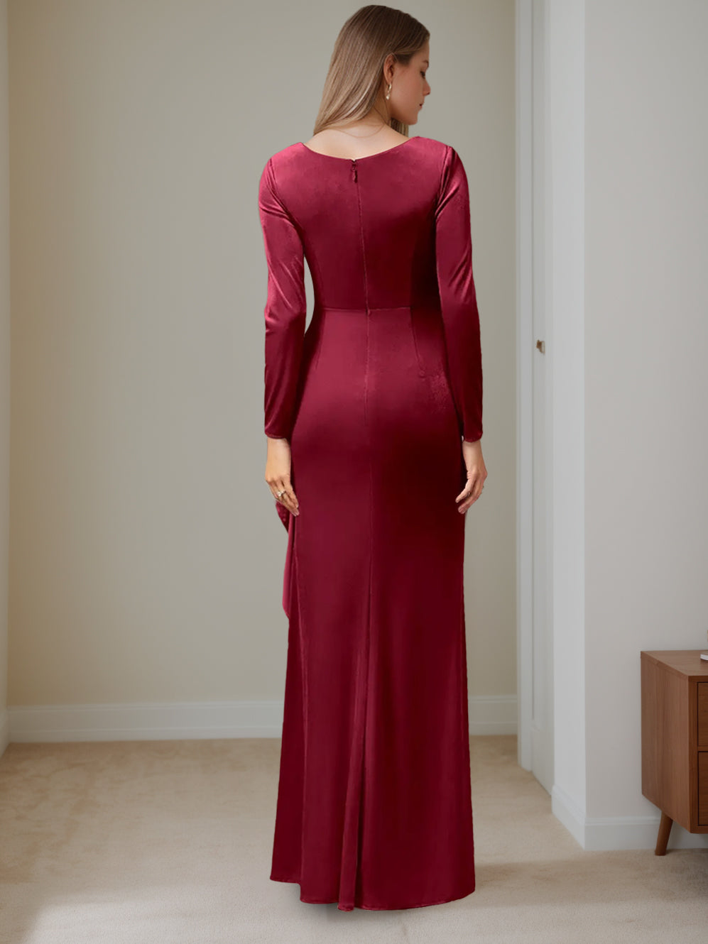 V Neck A Line Long Velvet Mother of the Bride Dress with Ruffled Long Sleeves