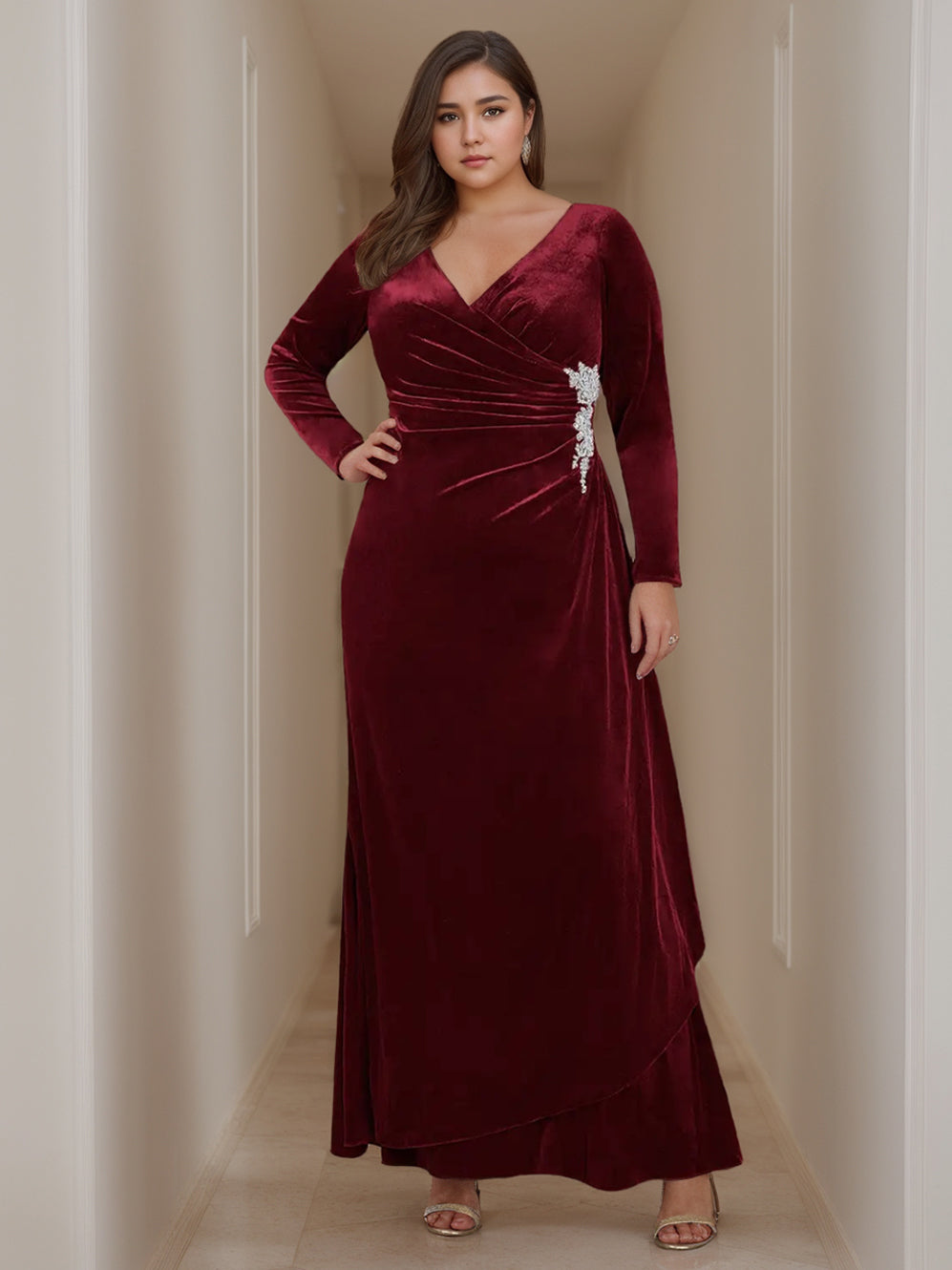 V Neck A Line Long Velvet Mother of the Bride Dress with Ruffled Long Sleeves