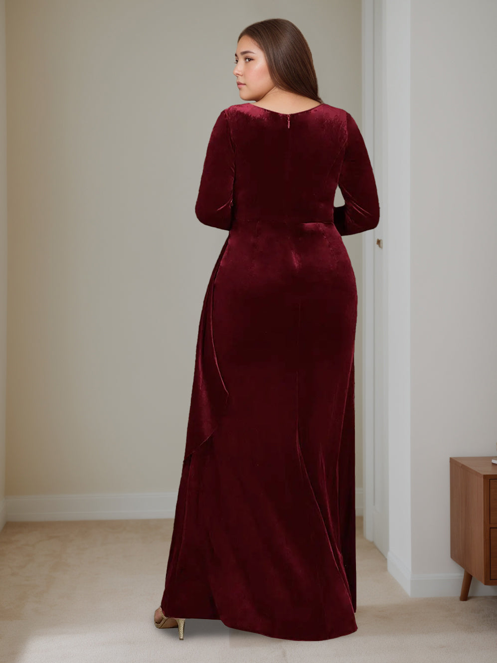 V Neck A Line Long Velvet Mother of the Bride Dress with Ruffled Long Sleeves