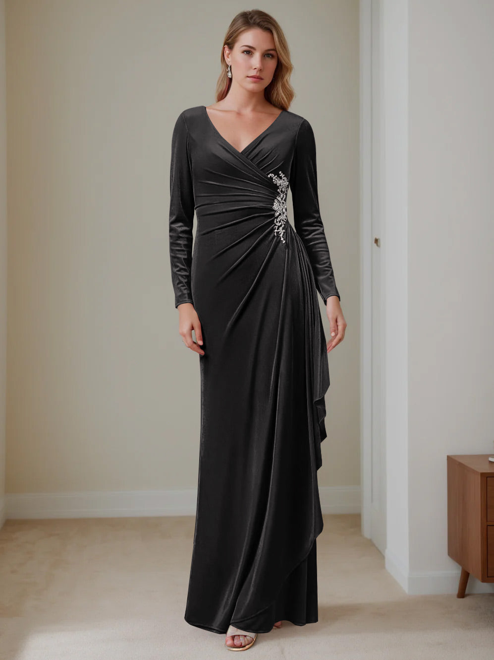 V Neck A Line Long Velvet Mother of the Bride Dress with Ruffled Long Sleeves