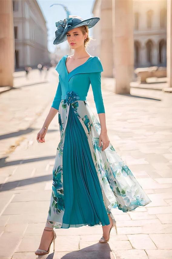 V Neck A Line Floral Ankle Length Dress for the Mother of the Bride with 3/4 Sleeves
