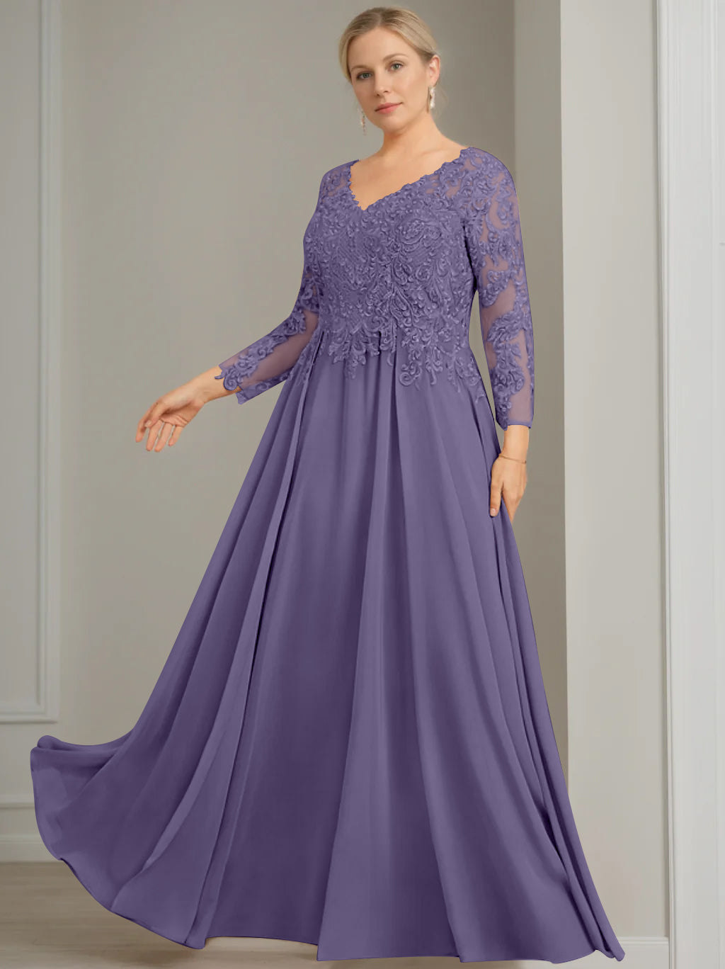 V Neck A Line Gown with 3/4 Sleeves and Sequins for Plus Size Mother of the Bride