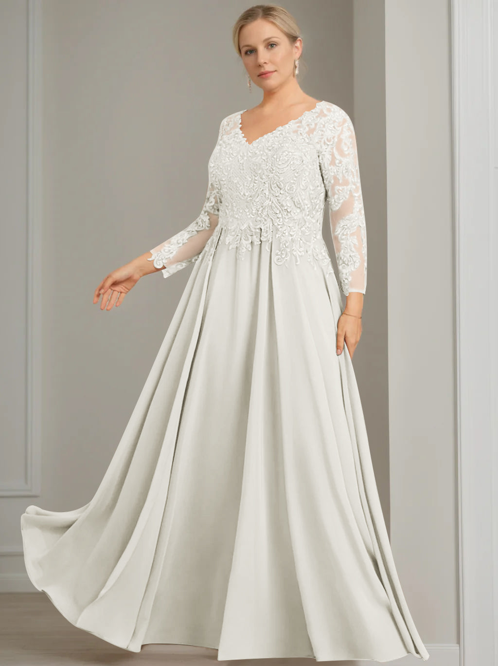 V Neck A Line Gown with 3/4 Sleeves and Sequins for Plus Size Mother of the Bride