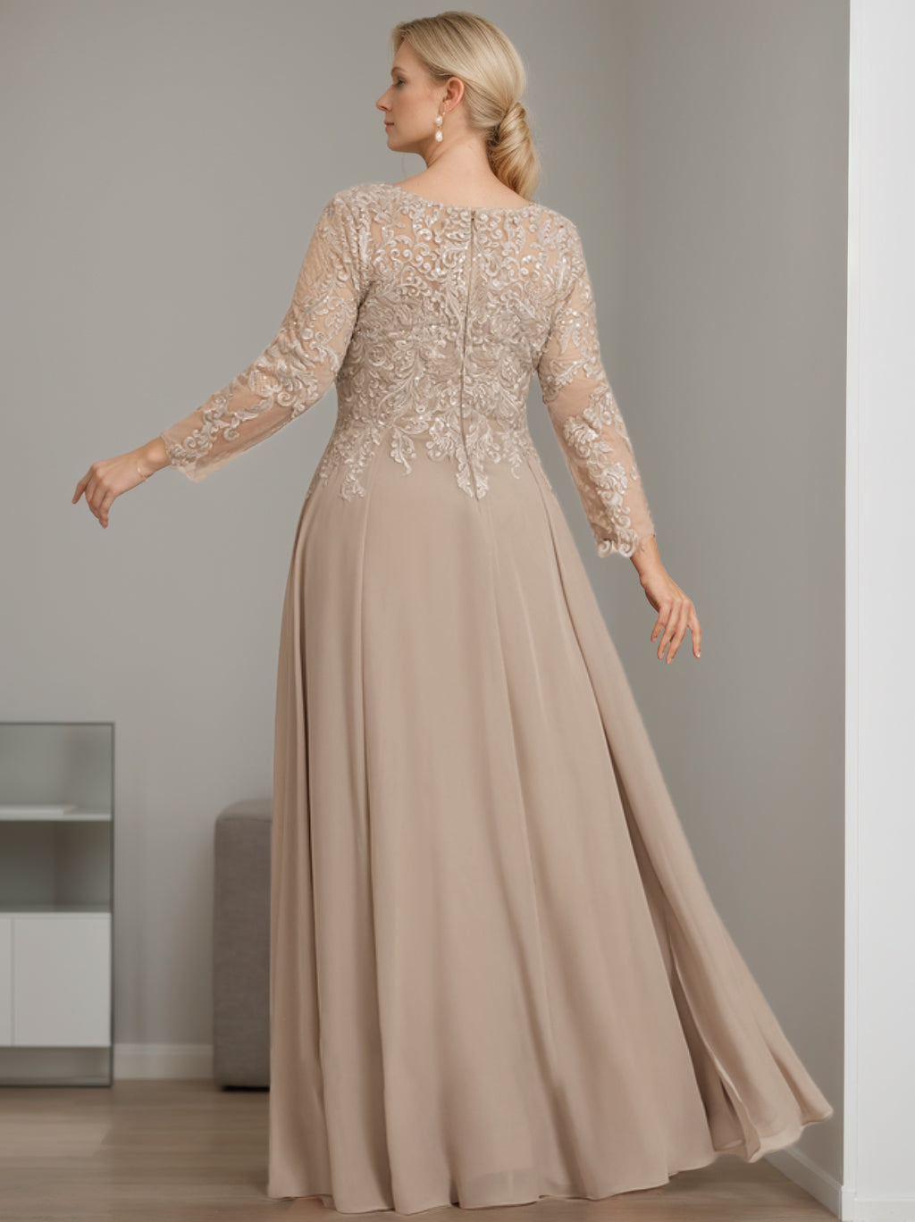 V Neck A Line Gown with 3/4 Sleeves and Sequins for Plus Size Mother of the Bride