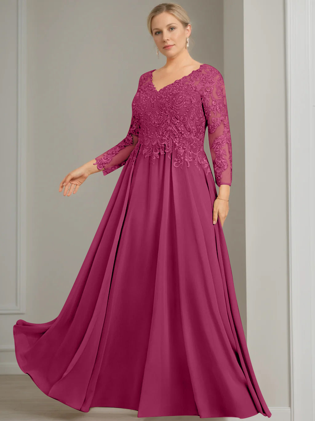 V Neck A Line Gown with 3/4 Sleeves and Sequins for Plus Size Mother of the Bride