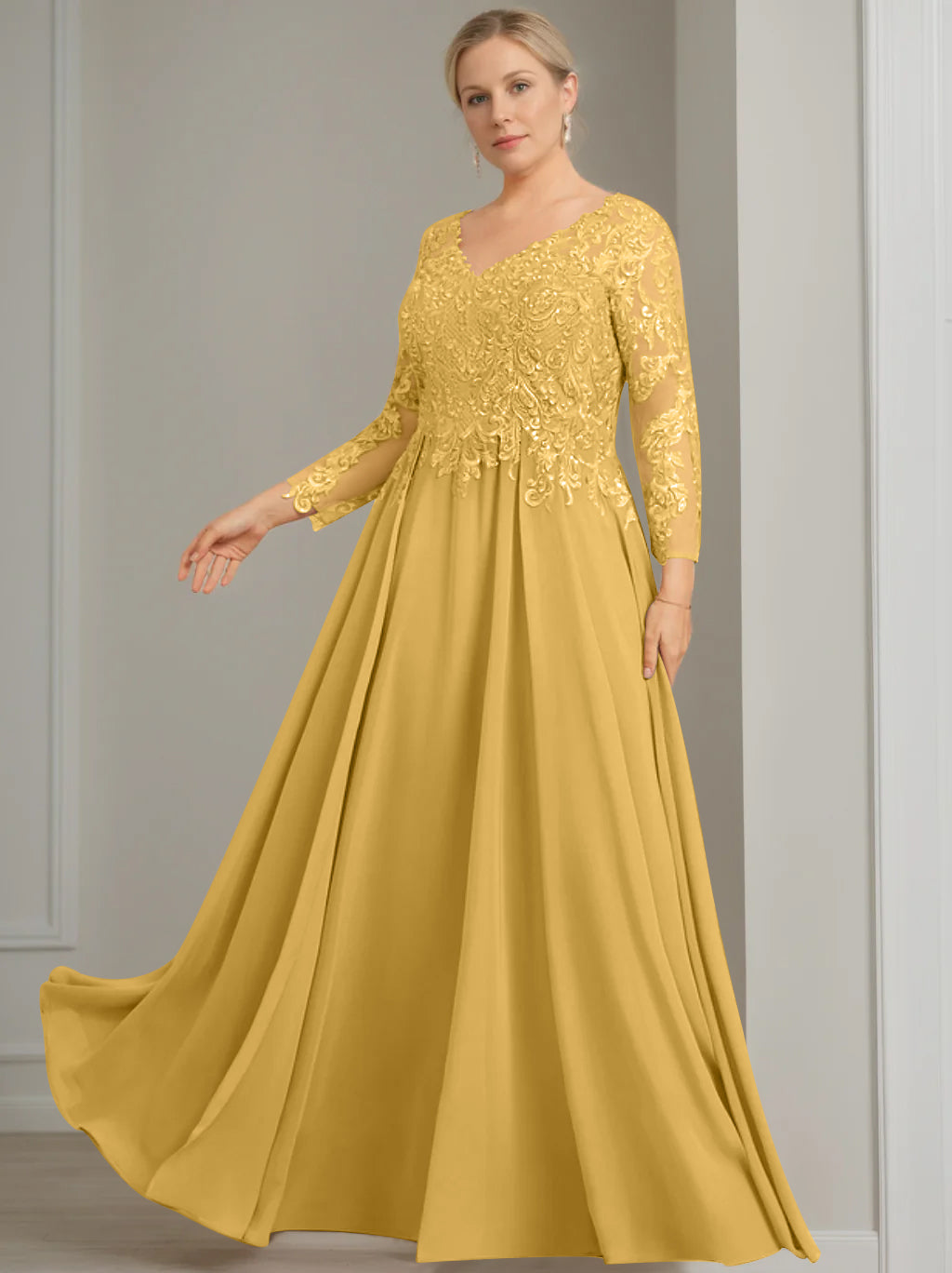 V Neck A Line Gown with 3/4 Sleeves and Sequins for Plus Size Mother of the Bride