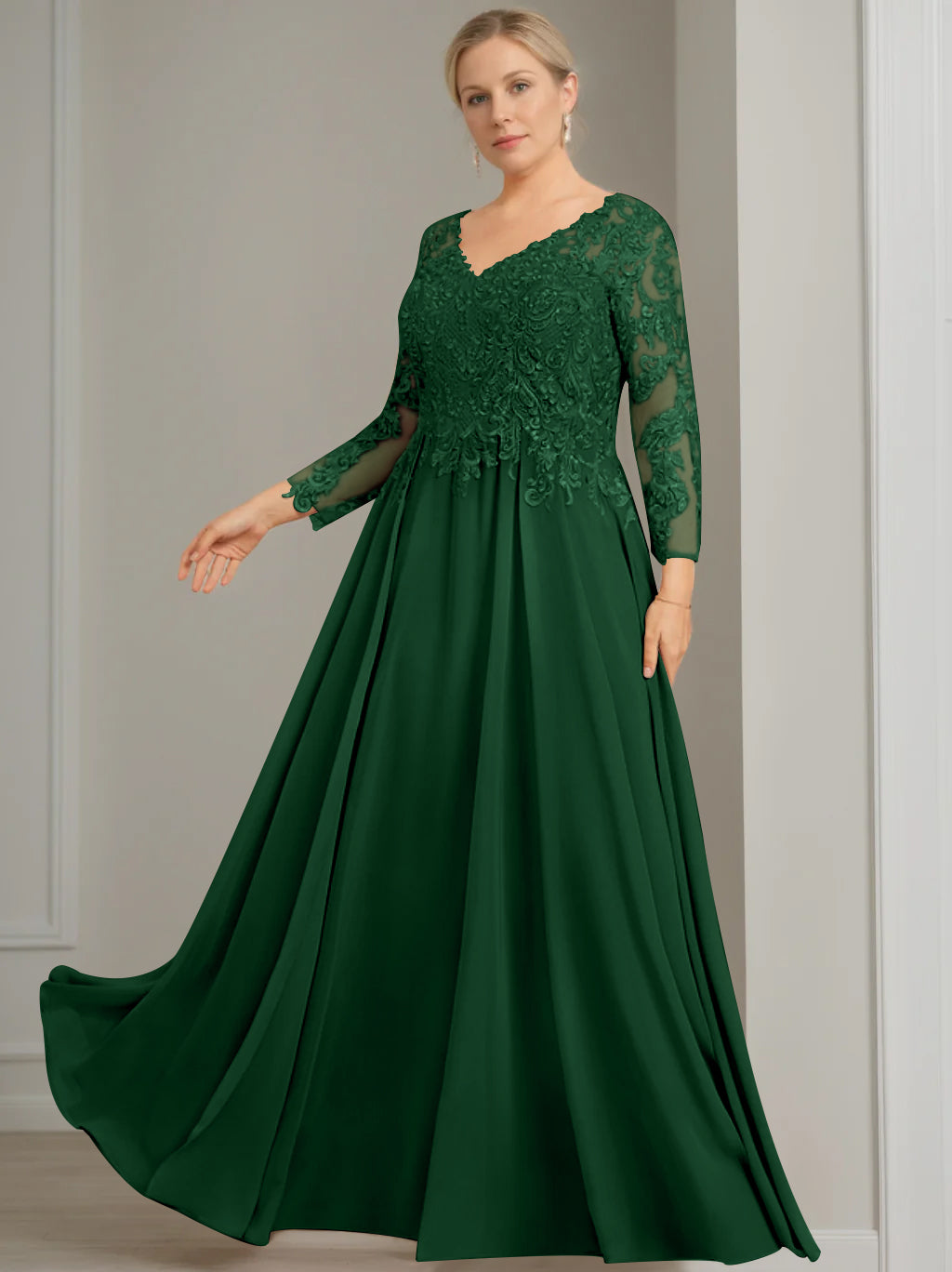 V Neck A Line Gown with 3/4 Sleeves and Sequins for Plus Size Mother of the Bride