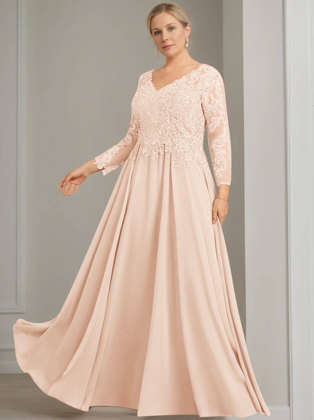 V Neck A Line Gown with 3/4 Sleeves and Sequins for Plus Size Mother of the Bride
